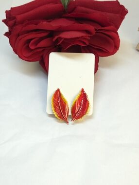 Vintage Red & Yellow Enamel Leaf Gold Plated Clip on Earrings